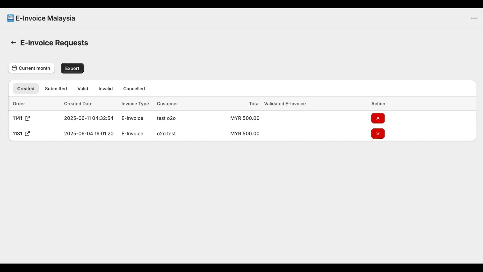E-invoice app: list of e-invoice requests and their status