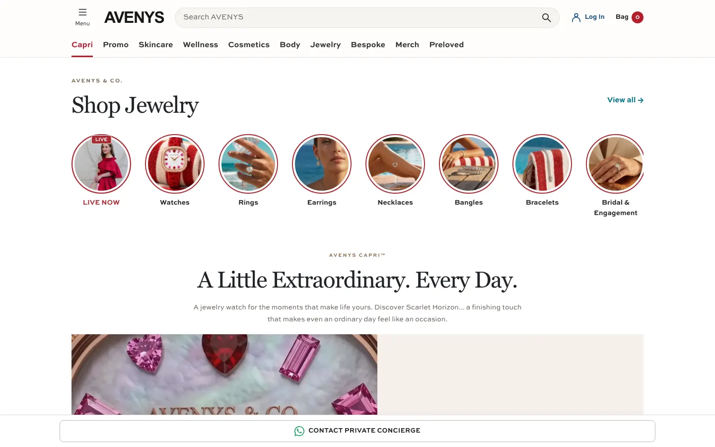 Avenys homepage on desktop: wide search bar in the header, category tabs from Promo to Preloved, and round image tiles for watches, rings, earrings and necklaces