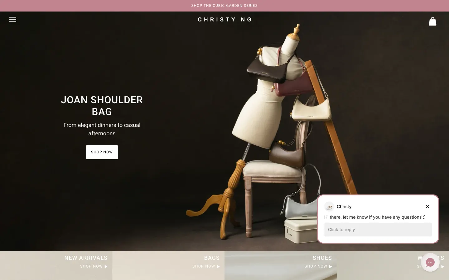 Christy Ng homepage on desktop: full-width hero photo of shoulder bags on a mannequin, a minimal header with a menu icon, and category tiles for new arrivals, bags and shoes