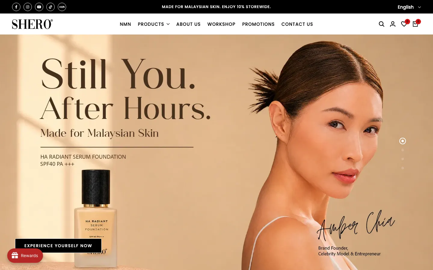 Shero homepage on desktop: hero image of the founder with a foundation bottle, headline "Made for Malaysian Skin", and a six-item top menu